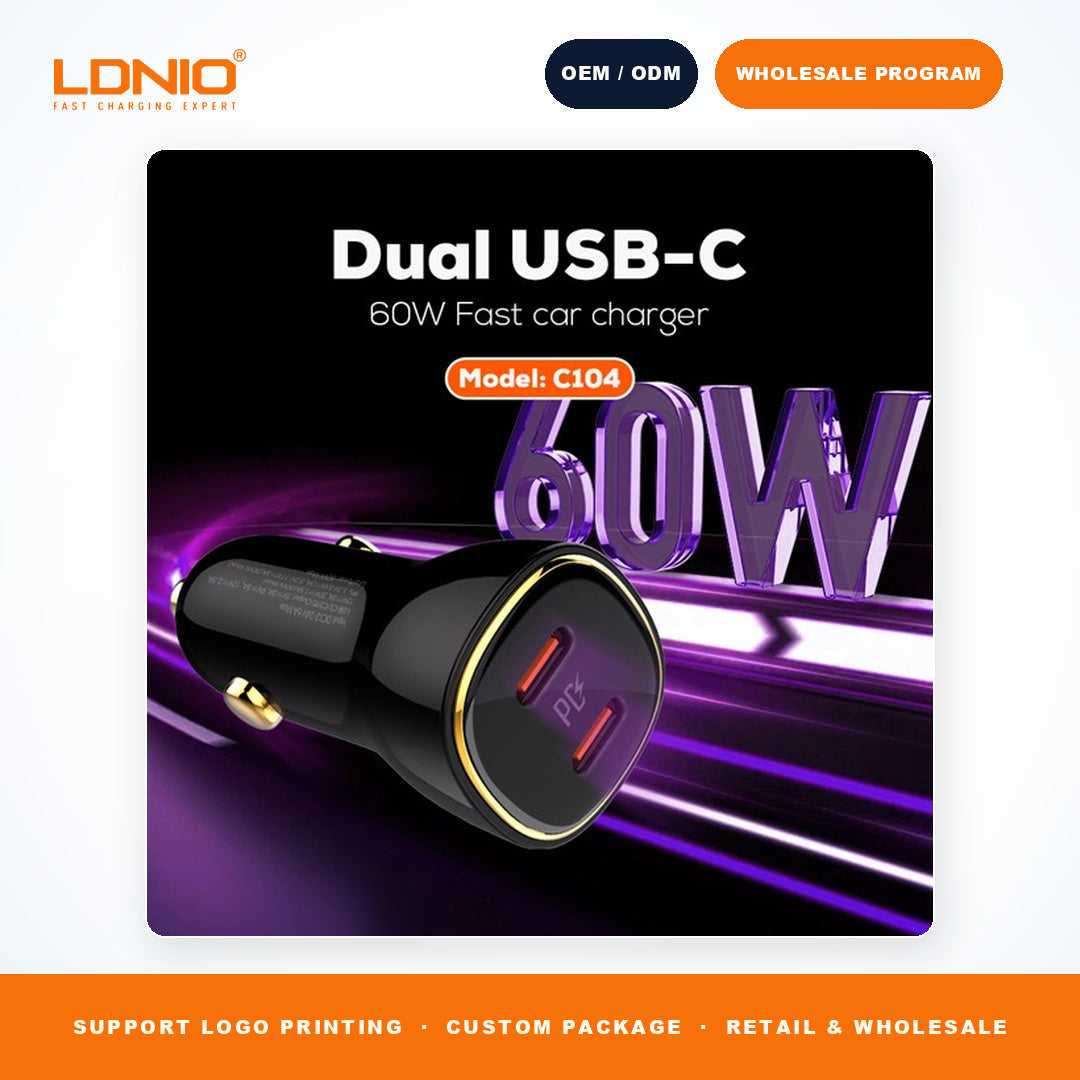 LDNIO C104 60W Dual USB C Fast Car Charger