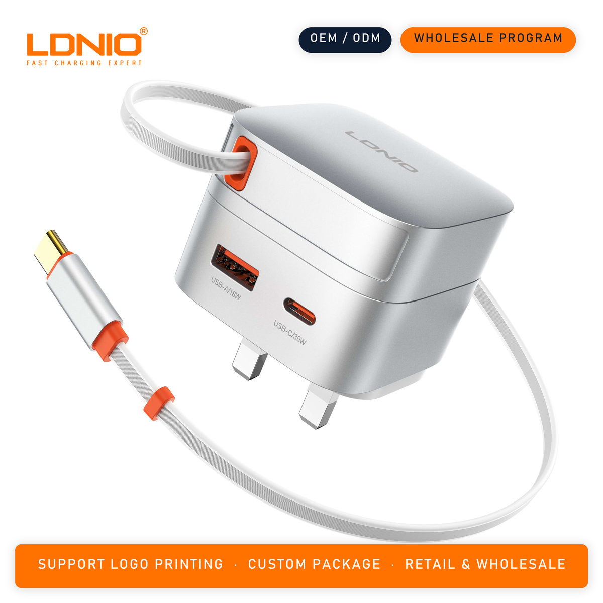 LDNIO 65W Fast charger with retractable cable Q10