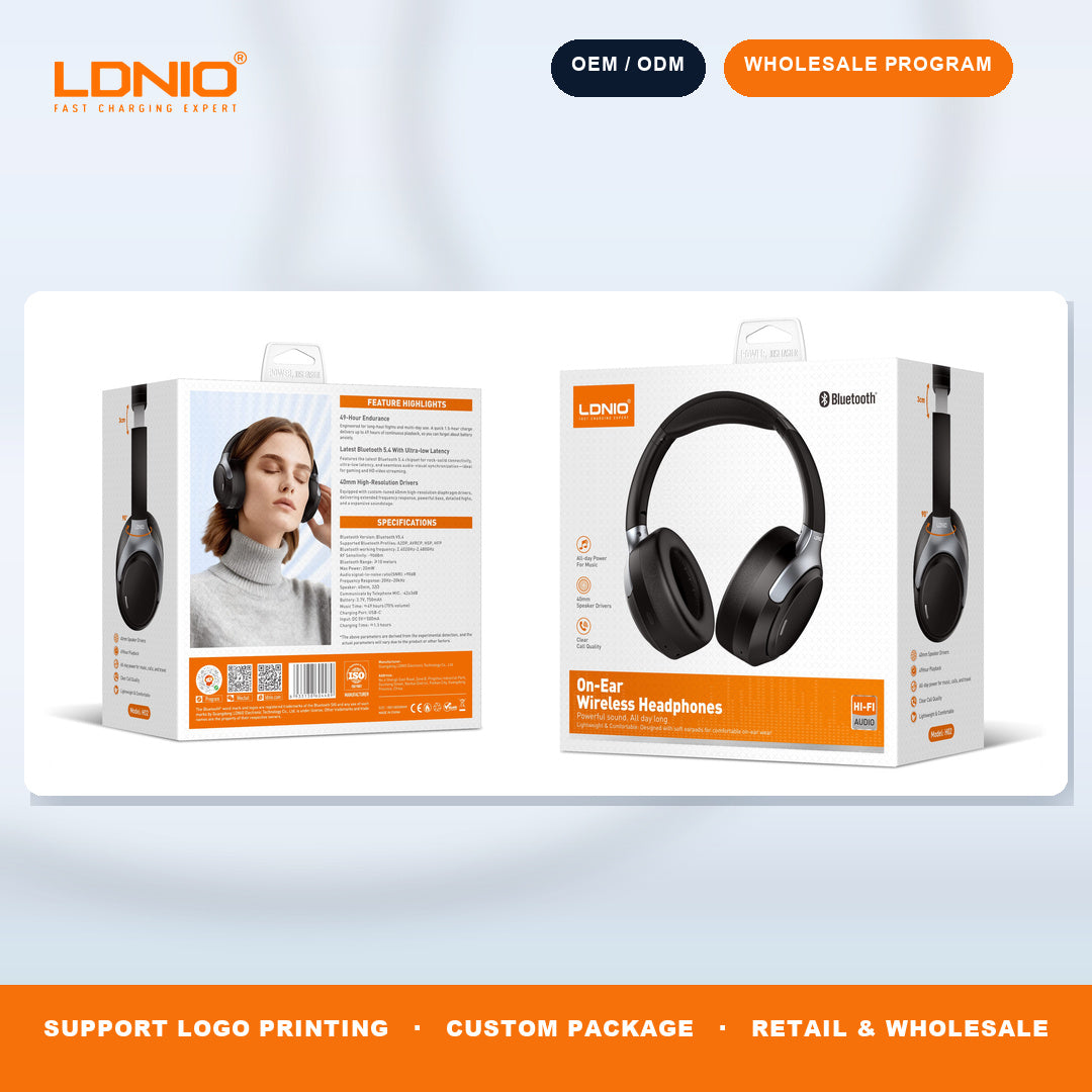 LDNIO H02 ANC Bluetooth On Ear Headphones 40mm Driver 49H Playback Gaming Headset Bulk Supply