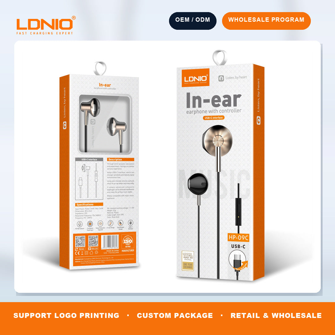 LDNIO HP09C USB C Wired Semi In Ear Earphones Inline Control HD Mic HiFi Sound Wholesale Supply