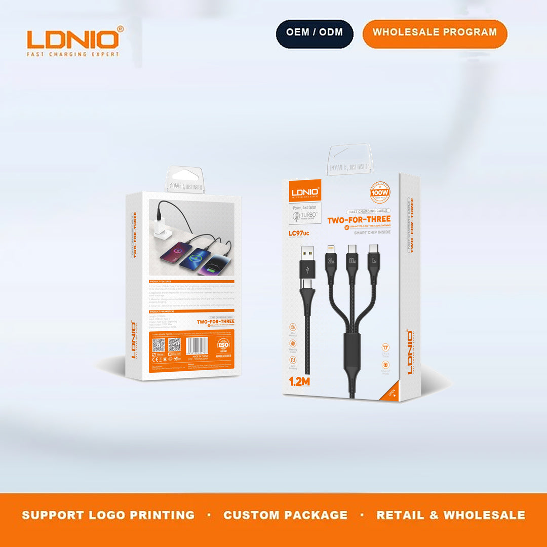 LDNIO LC97UC 100W 2 In 3 Fast Charging Cable Braided Multi-Purpose Phone Cord