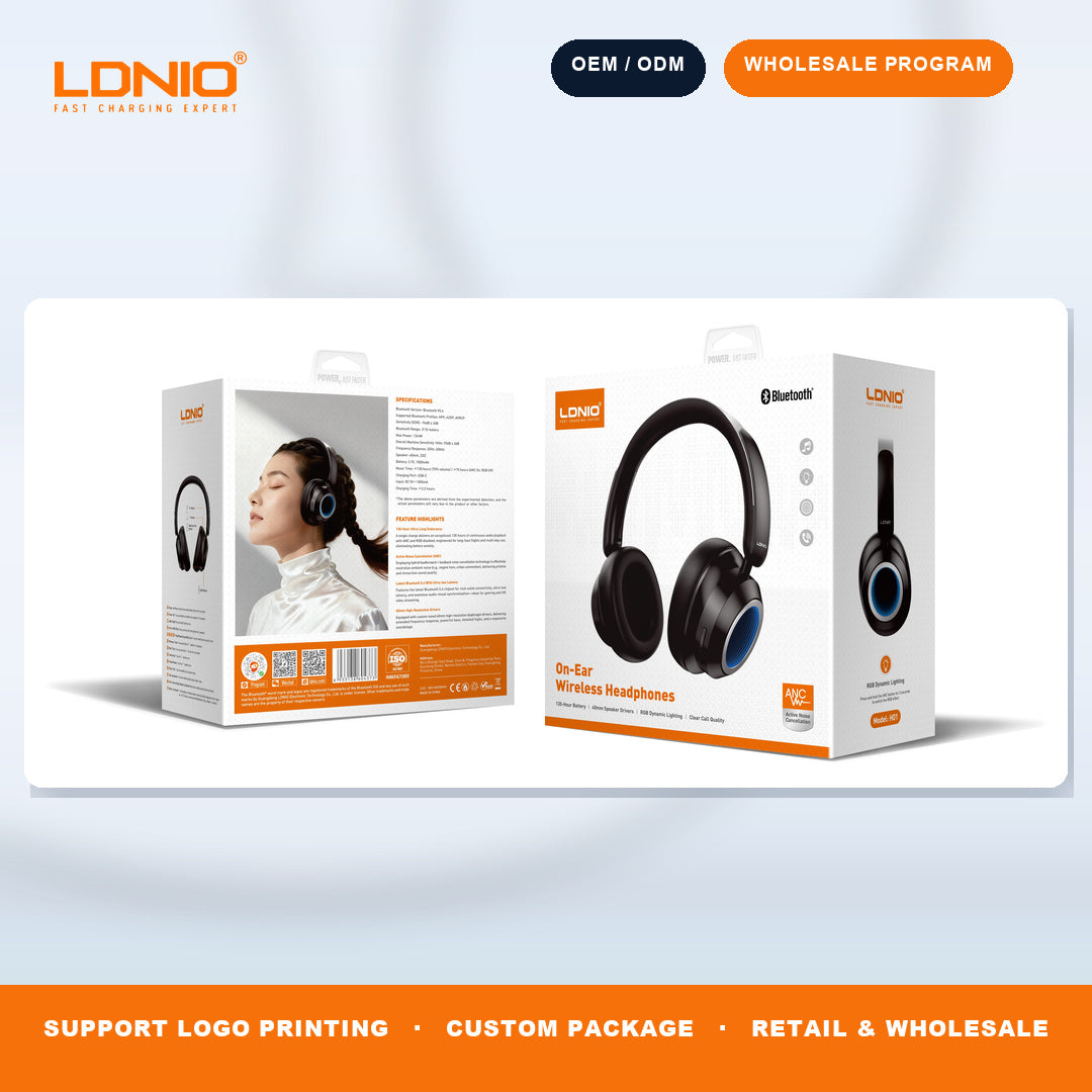 LDNIO H01 ANC Wireless Over Ear Headphones Bluetooth 5.4 RGB Light 130H Playtime Wholesale OEM ODM