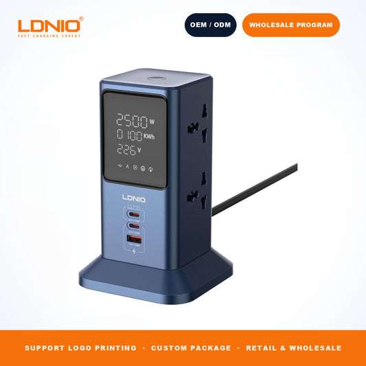 LDNIO SC2-1 2500W Power Strip Tower 45W GaN Charger 4 Outlets 2 Type-C 1 USB-A LED Screen