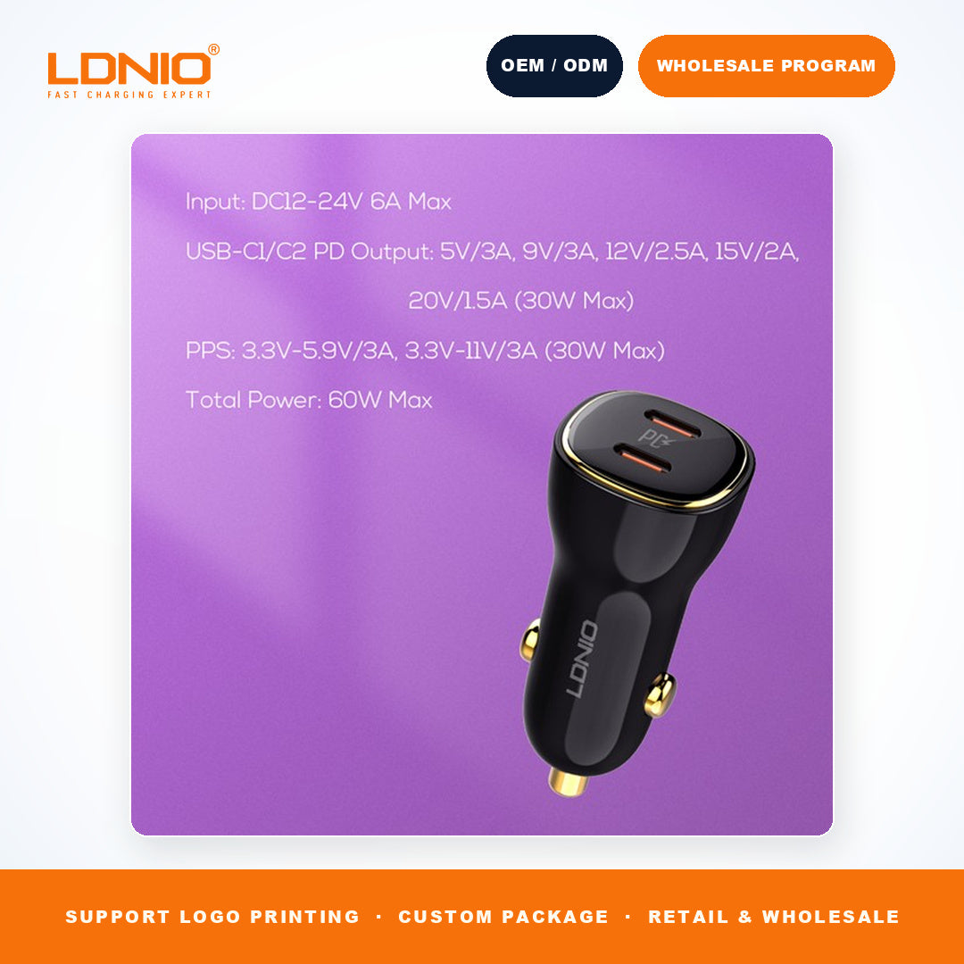 LDNIO C104 60W Dual USB C Fast Car Charger