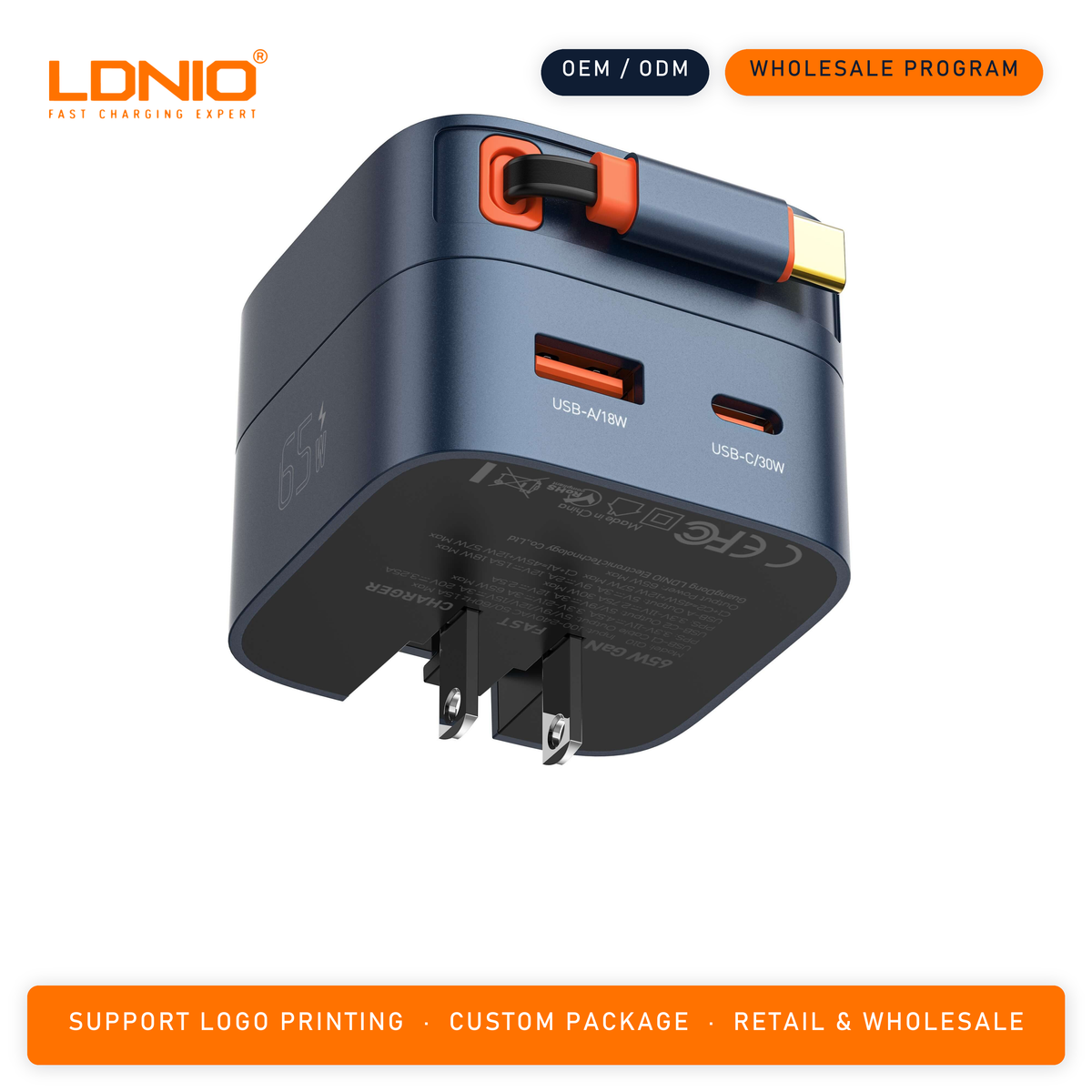 LDNIO 65W Fast charger with retractable cable Q10