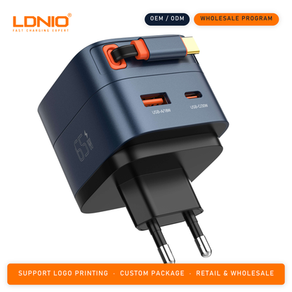LDNIO 65W Fast charger with retractable cable Q10