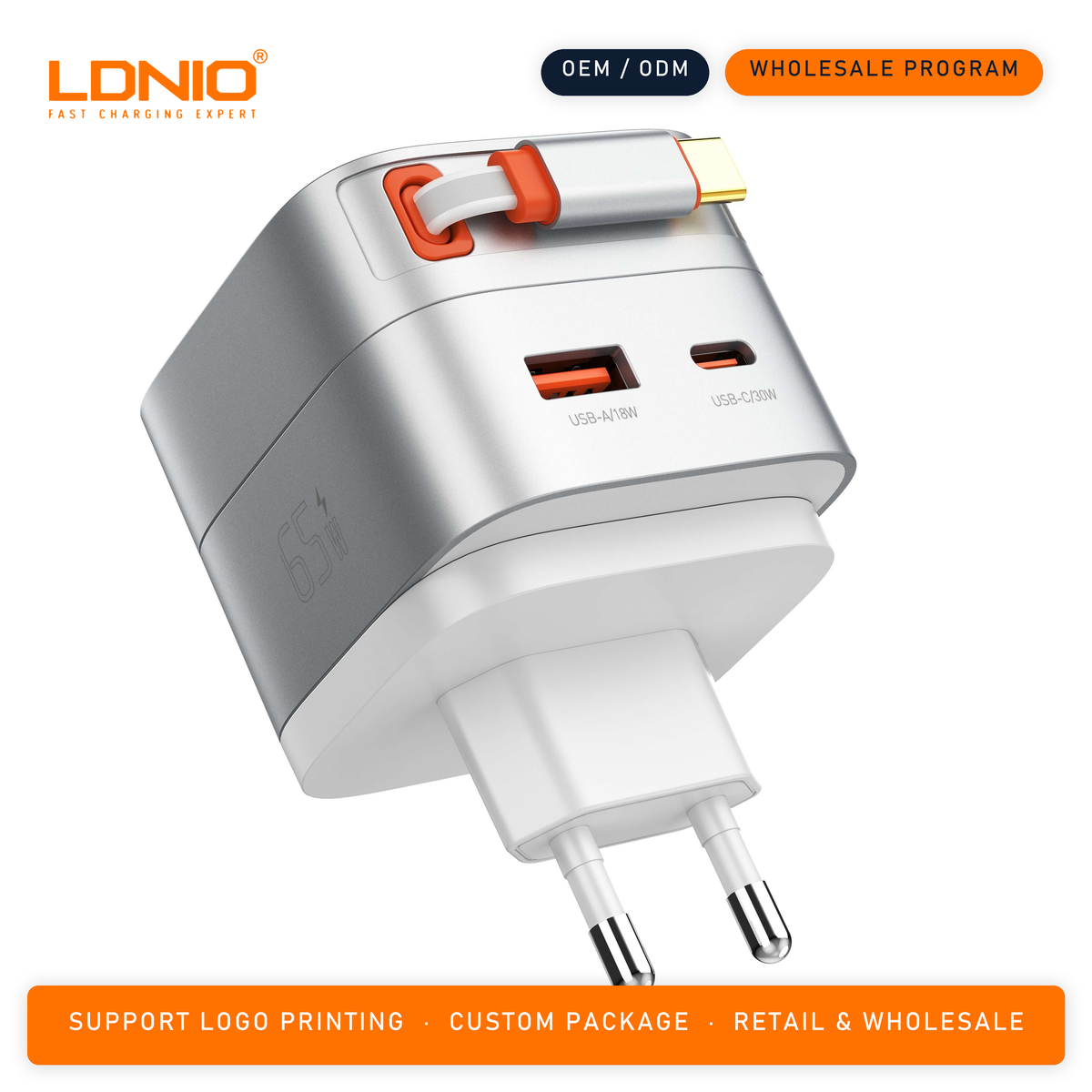 LDNIO 65W Fast charger with retractable cable Q10