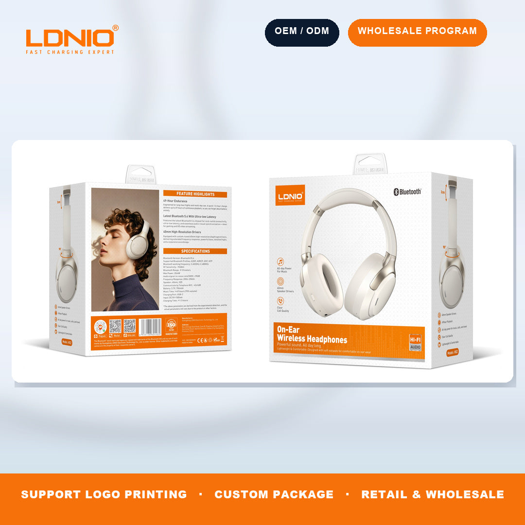LDNIO H02 ANC Bluetooth On Ear Headphones 40mm Driver 49H Playback Gaming Headset Bulk Supply