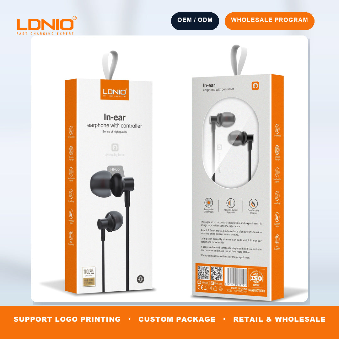 LDNIO HP06 3.5mm Wired Stereo Earbuds Inline Mic 1.2M Cable Wholesale Wired Earphone OEM