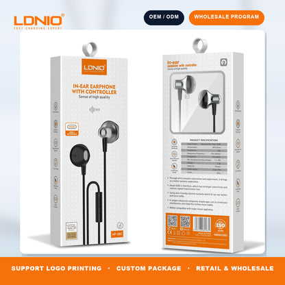 LDNIO HP08C Type C Wired Earphones In Line Controller HD Mic Stereo Bass Earbuds Wholesale