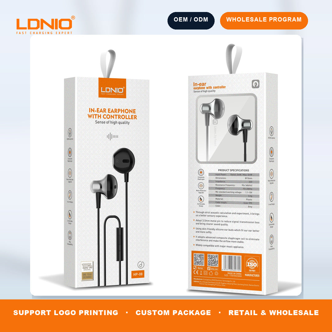 LDNIO HP08 Metal Wired In Ear Earphones HD Mic Anti Tangle Cable Noise Isolation Headset Bulk
