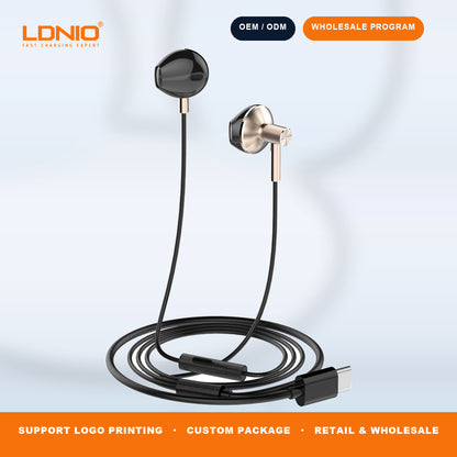 LDNIO HP09C USB C Wired Semi In Ear Earphones Inline Control HD Mic HiFi Sound Wholesale Supply