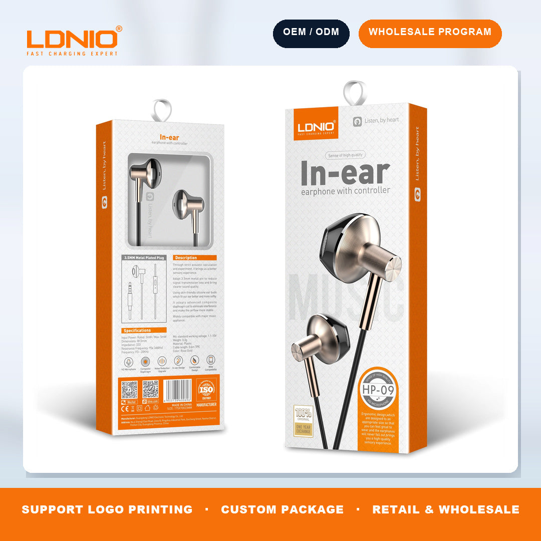 LDNIO HP09 Semi In Ear 3.5mm Wired Headphones Built in Mic Clear Call Music Earphone Bulk