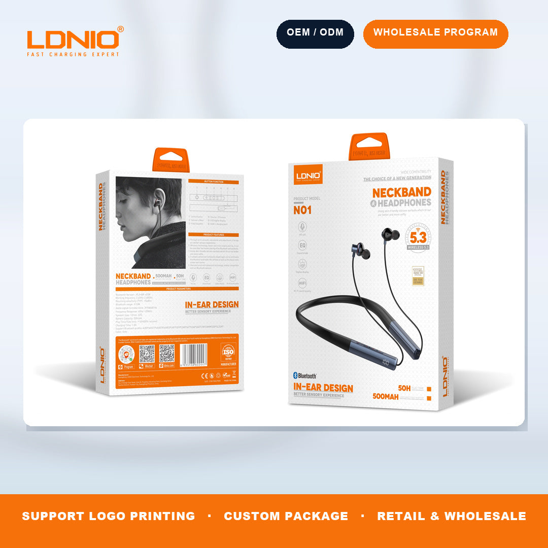 LDNIO N01 Bluetooth 5.3 Neckband Earphones 50H Playtime Magnetic Sport Headset Factory Wholesale