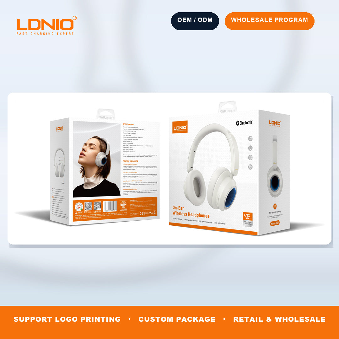 LDNIO H01 ANC Wireless Over Ear Headphones Bluetooth 5.4 RGB Light 130H Playtime Wholesale OEM ODM