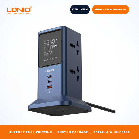 LDNIO SC2-1 2500W Power Strip Tower 45W GaN Charger 4 Outlets 2 Type-C 1 USB-A LED Screen
