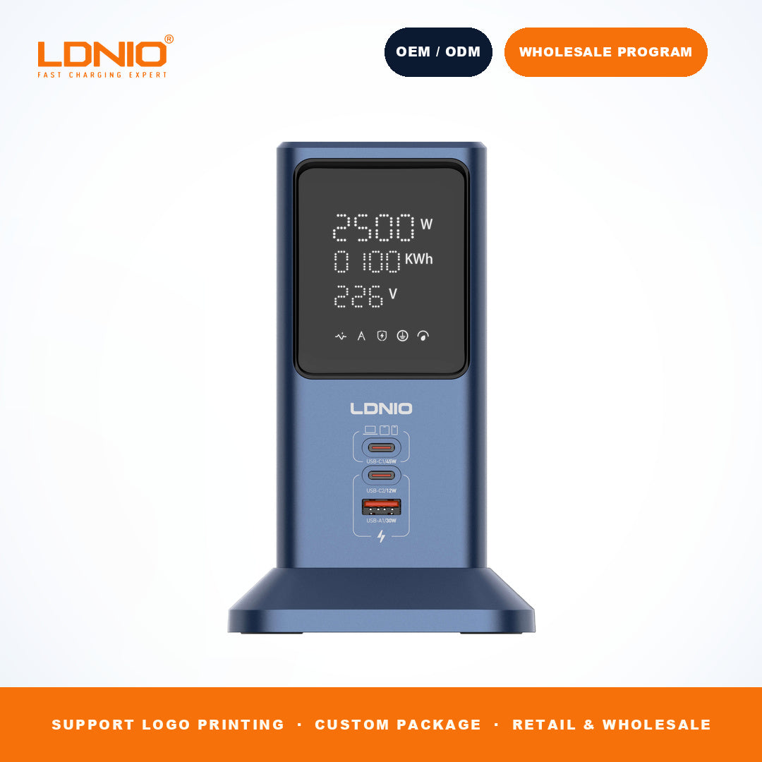LDNIO SC2-1 2500W Power Strip Tower 45W GaN Charger 4 Outlets 2 Type-C 1 USB-A LED Screen