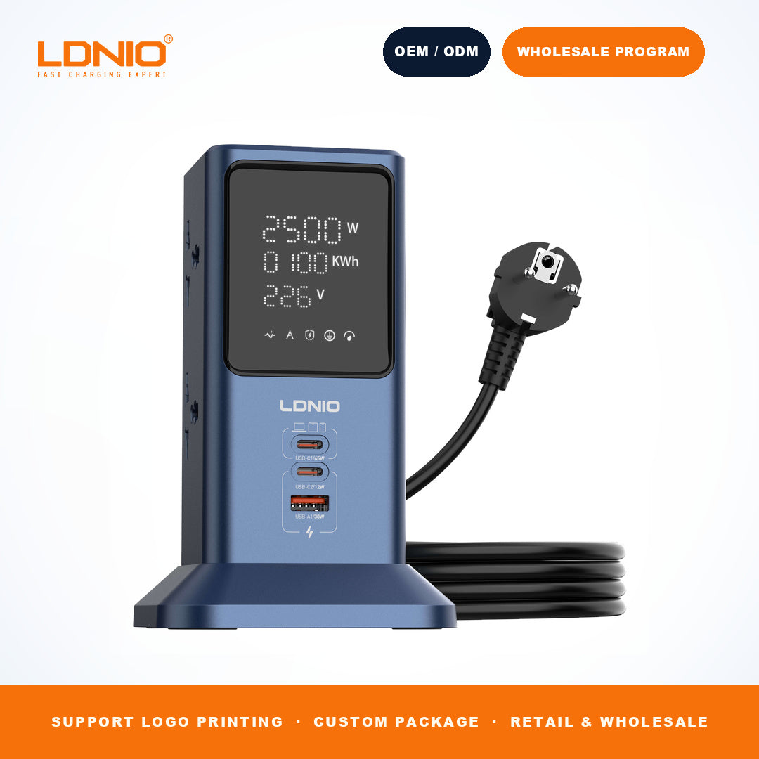 LDNIO SC2-1 2500W Power Strip Tower 45W GaN Charger 4 Outlets 2 Type-C 1 USB-A LED Screen