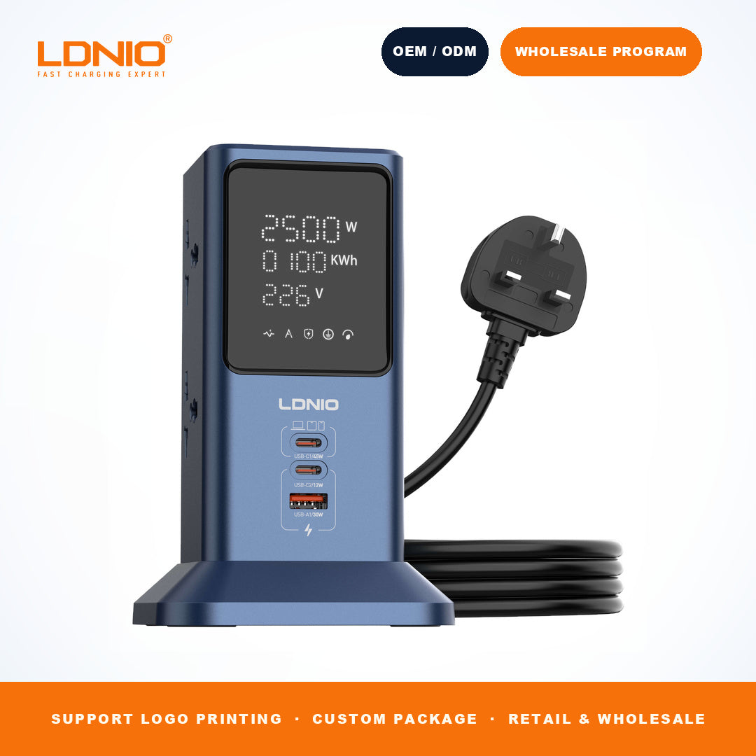 LDNIO SC2-1 2500W Power Strip Tower 45W GaN Charger 4 Outlets 2 Type-C 1 USB-A LED Screen