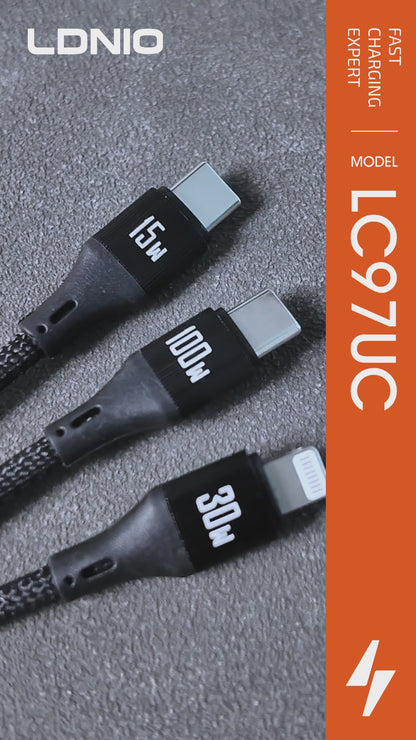 LDNIO LC97UC 100W 2 In 3 Fast Charging Cable Braided Multi-Purpose Phone Cord